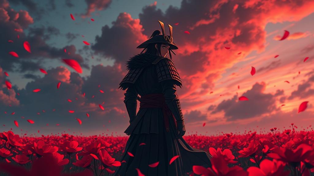 A dramatic anime samurai standing in a field of red flowers with petals blowing in the wind against a dramatic sky cinematic anime art