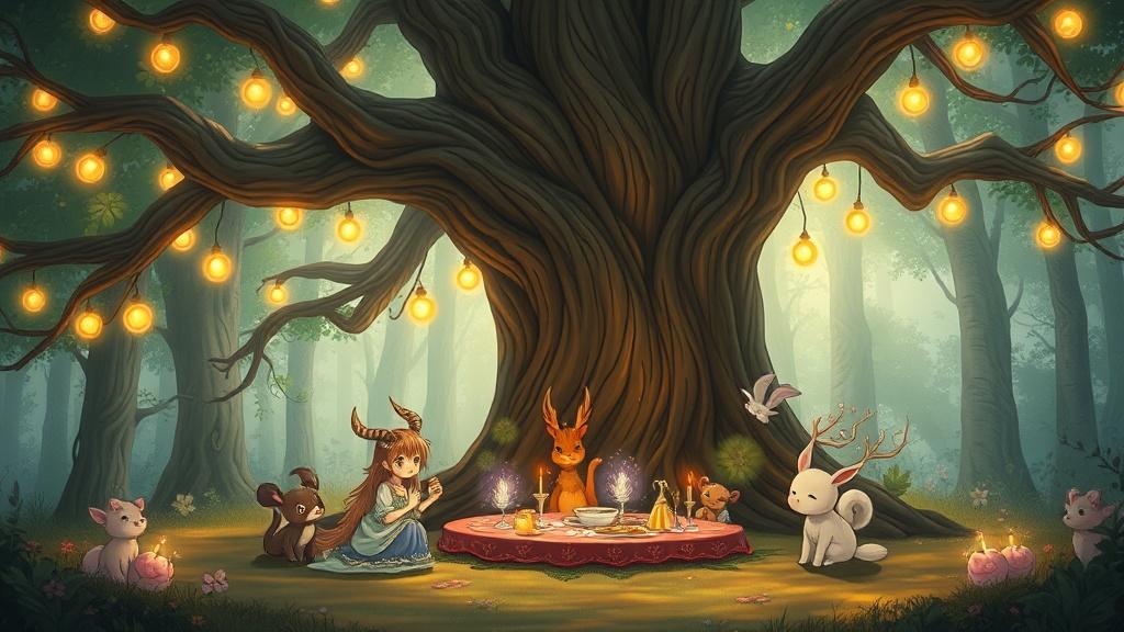 Anime style forest spirits and woodland creatures having a tea party under a giant ancient tree with fairy lights warm soft anime art