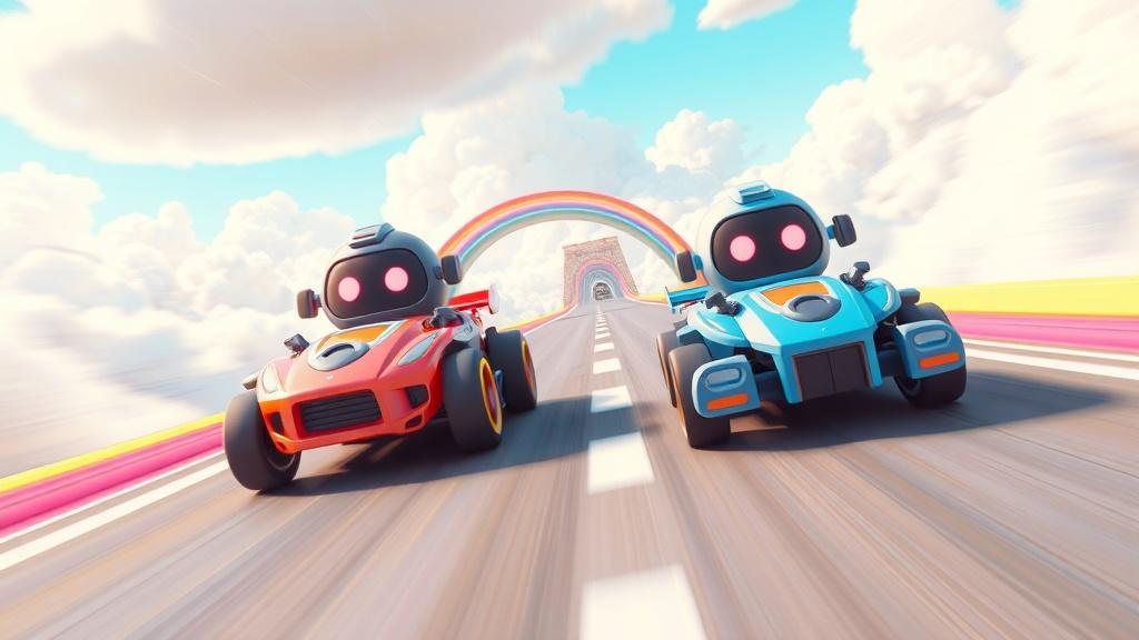 A Pixar-style 3D animated race between cute robot cars on a rainbow highway through clouds