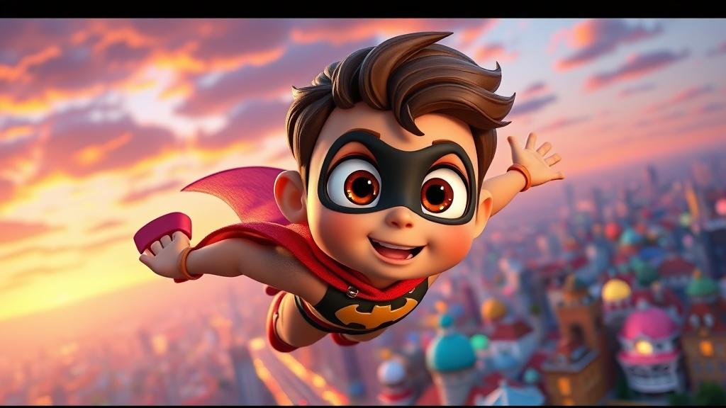 A Pixar-style 3D animated superhero kid with a cape flying above a colorful cartoon city at sunset