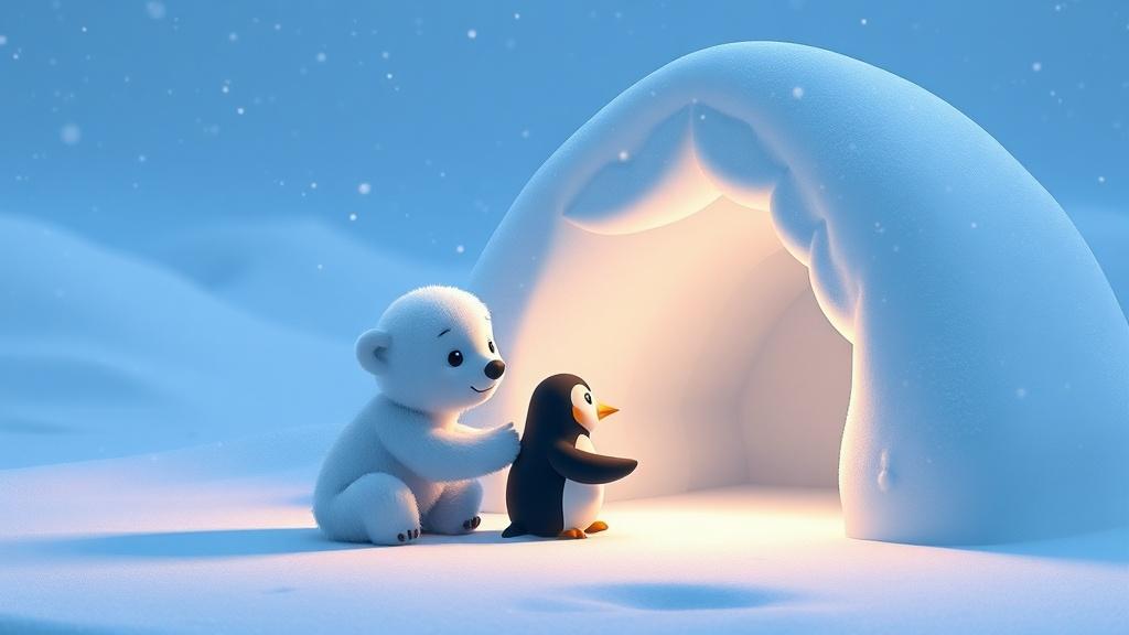 A Pixar-style 3D animated snowy winter scene with a polar bear cub and a penguin building an igloo together