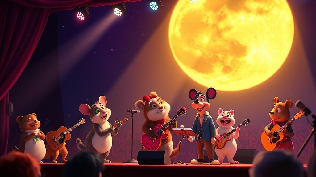 A Pixar-style 3D animated music concert scene with animal characters playing instruments on a moonlit stage