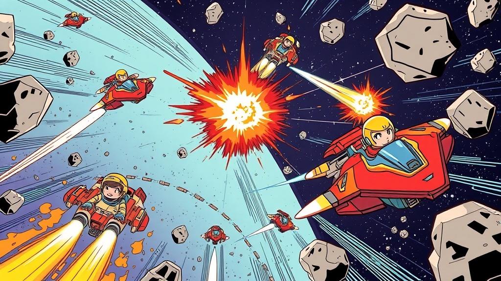 A comic book space battle scene with kid astronauts piloting colorful spaceships through an asteroid field speed lines and explosion effects bold comic art