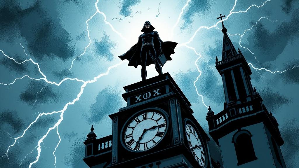 A comic book style villain reveal scene with a mysterious masked figure standing on top of a clock tower with lightning in the background dramatic shadows and bold inks