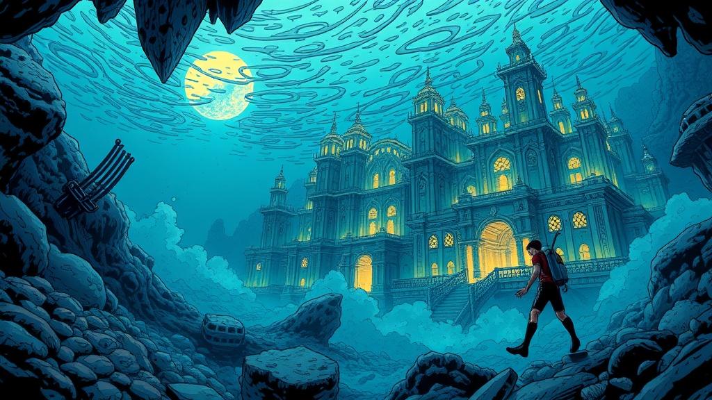A comic book underwater adventure with a young diver discovering an ancient sunken city with glowing runes dynamic composition with bold inks and vivid blues