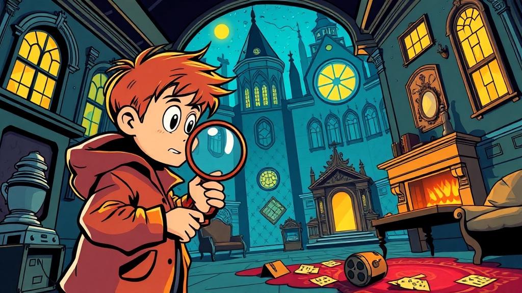 A retro pop art style comic book scene of a detective kid with a magnifying glass investigating clues in a mysterious mansion Ben-Day dots and bold outlines