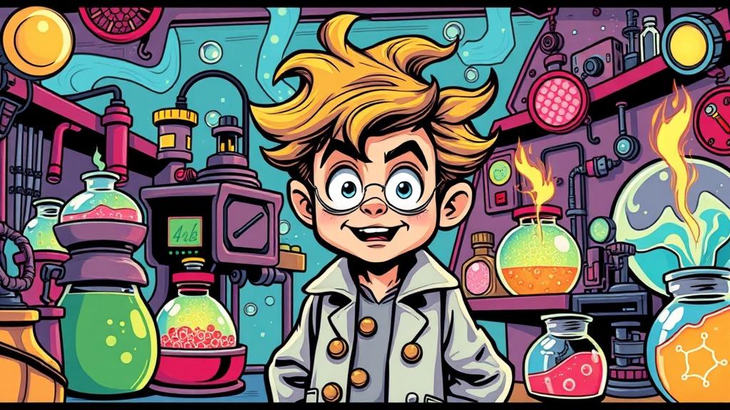 A comic book style mad scientist kid in a colorful laboratory with bubbling potions and sparking machines exaggerated expressions bold outlines halftone shading