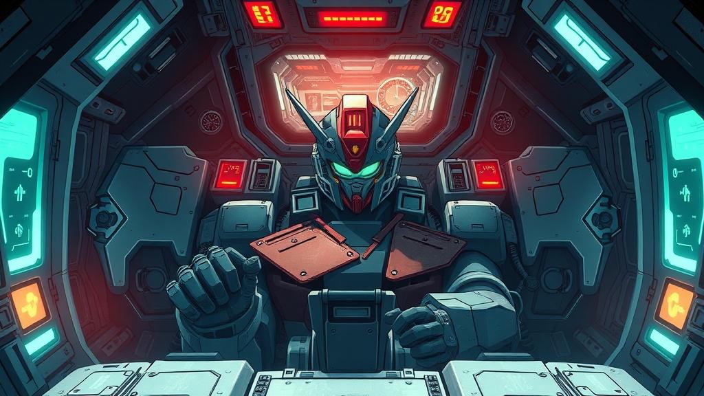 A manga mecha pilot inside a giant robot cockpit with holographic displays dramatic perspective and detailed manga-style mechanical design