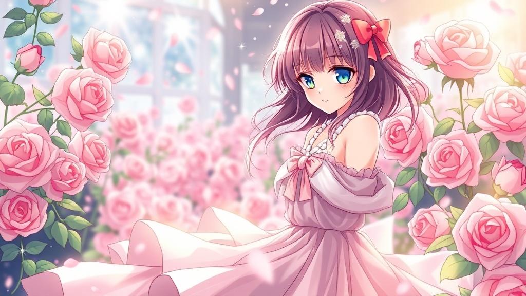 A shoujo manga princess with sparkling eyes and flowing dress in a rose garden with petals and sparkle effects classic shoujo manga art
