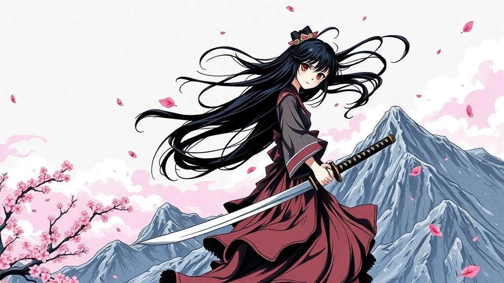 A manga-style young samurai girl with flowing black hair and a katana standing on a wind-swept mountain peak with cherry blossoms swirling around her dramatic manga ink art with screentone shading