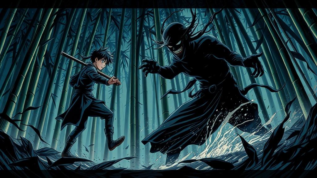 A dramatic manga battle scene between a young ninja and a shadow creature in a bamboo forest at night dynamic manga composition with impact lines