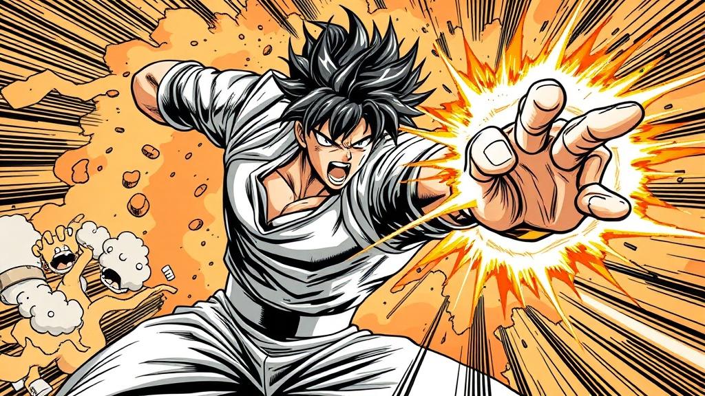 A shonen manga hero mid-punch with explosive energy effects and dramatic speed lines intense manga action art with bold inking