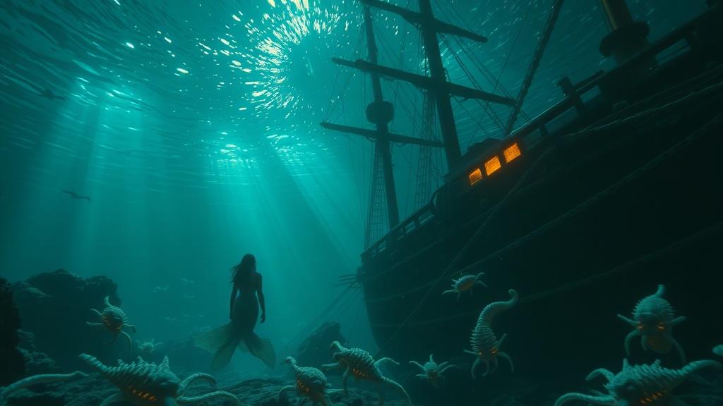 A cinematic underwater scene of a young mermaid princess discovering a sunken treasure ship with dramatic caustic light patterns and bioluminescent creatures