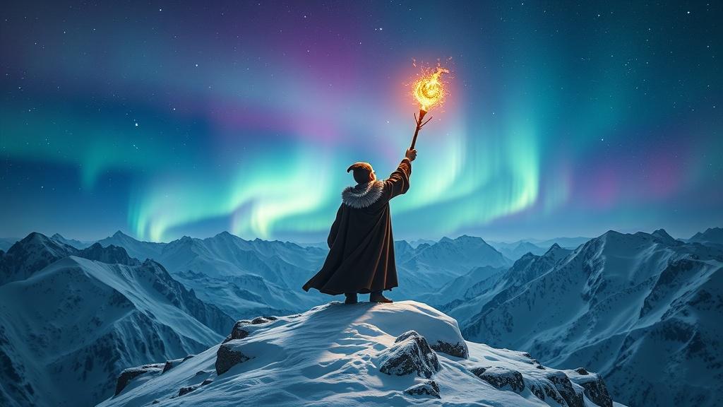 A cinematic snowy mountain peak scene with a young wizard raising a glowing staff against a northern lights sky with dramatic rim lighting