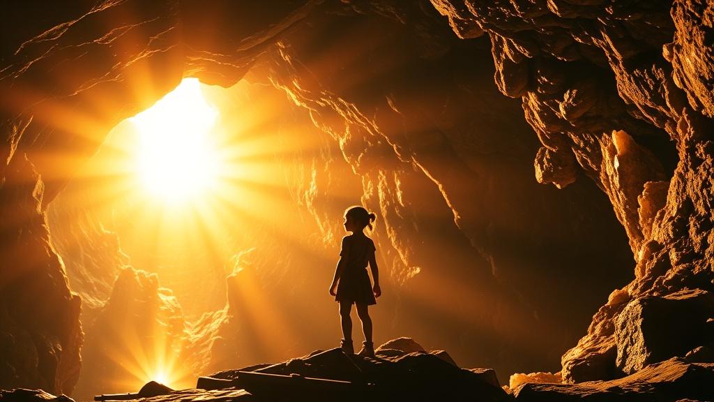 A cinematic wide shot of a young girl explorer standing at the edge of a glowing crystal cave with dramatic volumetric lighting and golden rays streaming through cracks