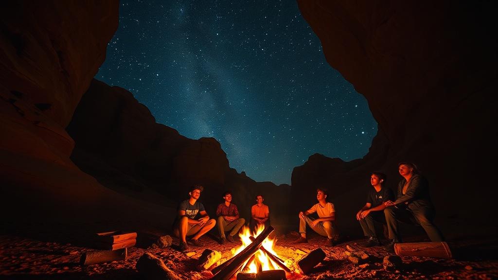 A cinematic campfire scene in a desert canyon at night with young adventurers looking up at a sky full of stars