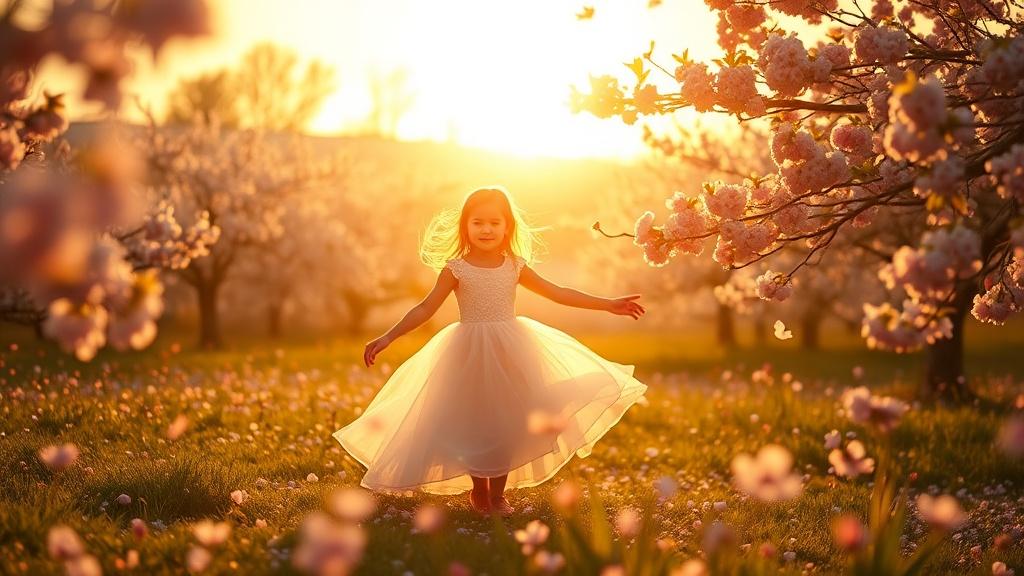 A cinematic spring meadow scene with a young princess dancing among floating cherry blossom petals at golden hour with dreamy backlight
