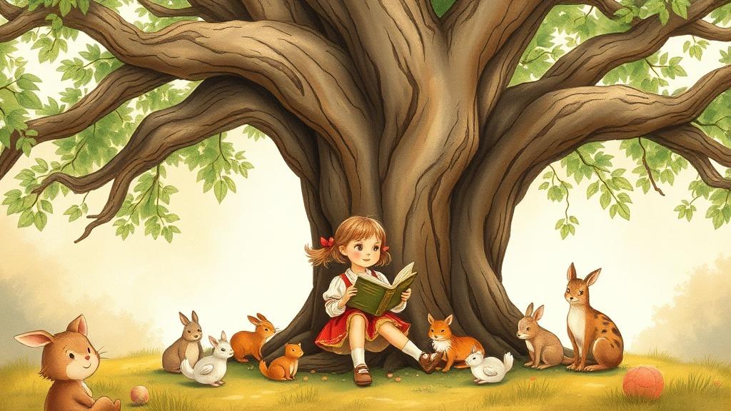A classic golden-age illustration of a young girl reading a storybook under a great old oak tree with woodland creatures gathered around her in warm earthy tones