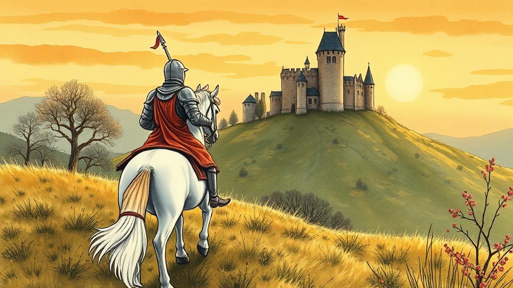 A classic fairy tale illustration of a knight on a white horse approaching a castle on a hill at sunset in traditional storybook art