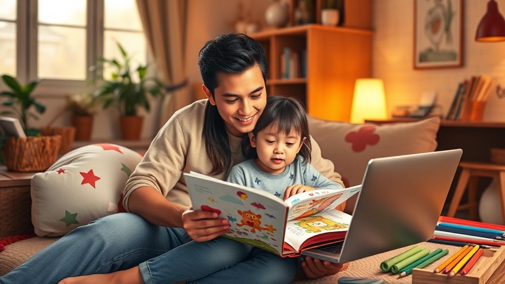 A parent and child sitting together creating a colorful illustrated children's book at home
