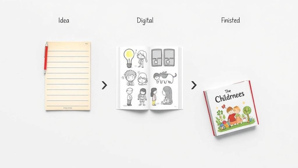 Step-by-step process of creating a children's book from writing to illustration to printing