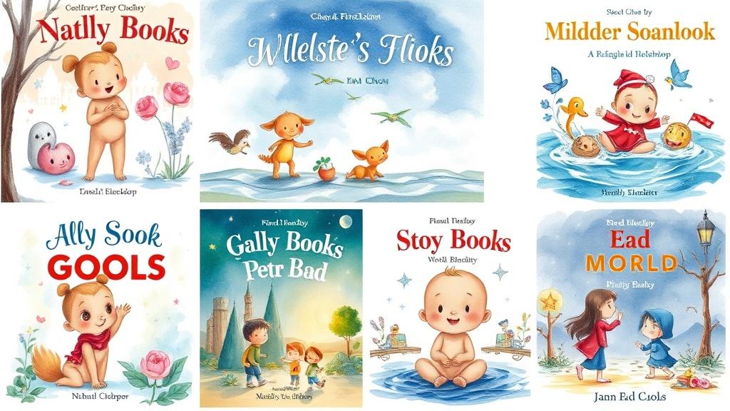A collection of children's book covers in various art styles including watercolor, cartoon, and anime