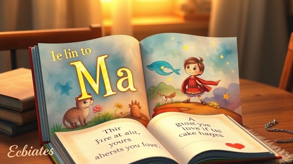 A magical personalized children's book open on a table with a child's name glowing on the page