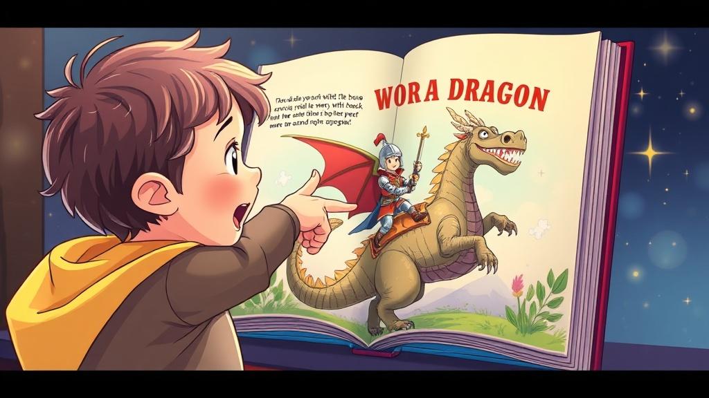 A child excitedly pointing at an illustrated storybook page where they see themselves as a brave knight