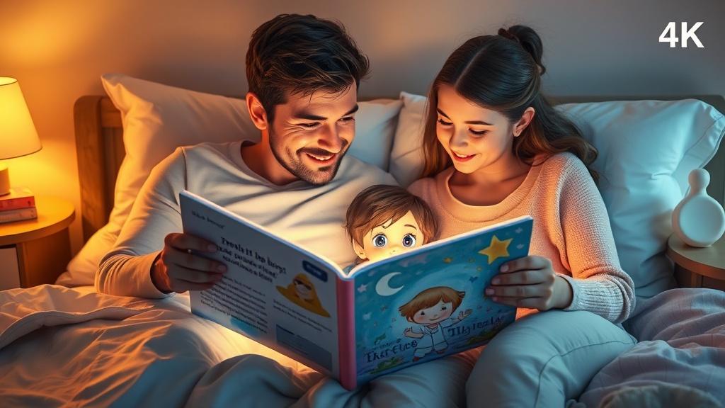 A family reading a personalized picture book together at bedtime