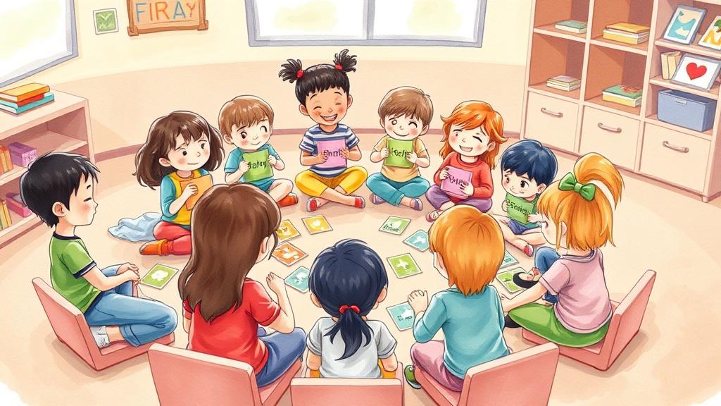 Children sharing emotions in a social emotional learning story circle