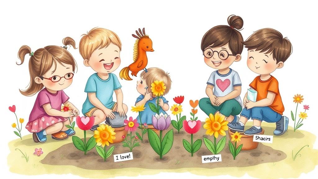 Children planting a kindness garden with flowers labeled love empathy sharing