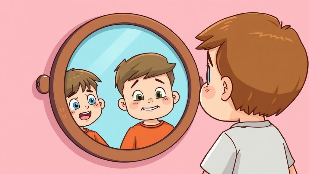 Child looking at emotions mirror showing happy sad angry scared