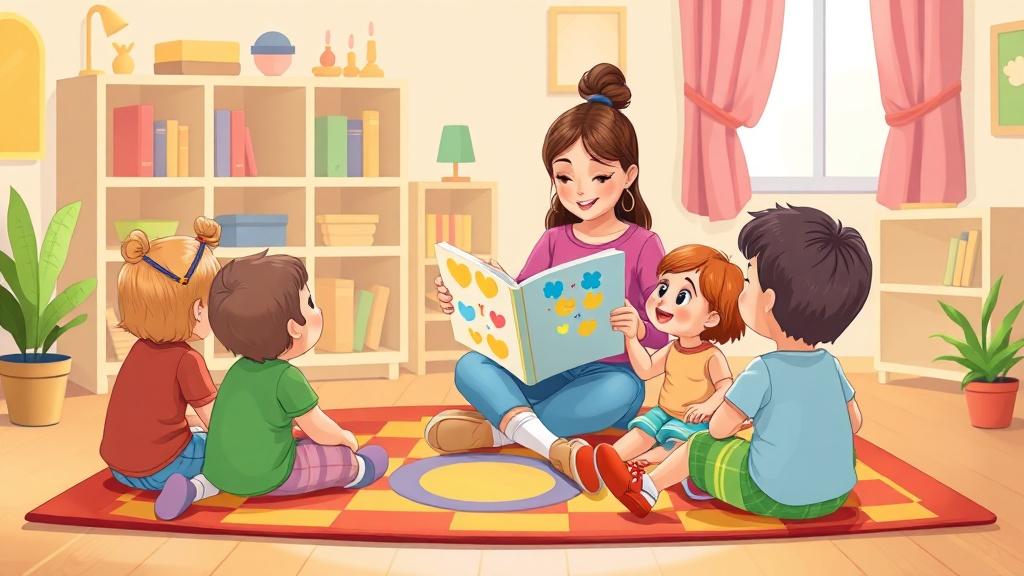 Teacher reading a feelings storybook to engaged children on a colorful rug