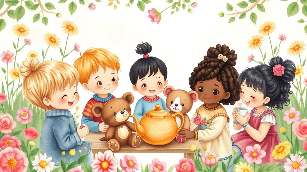 A group of diverse toddlers having a tea party with stuffed animal friends in a flower garden