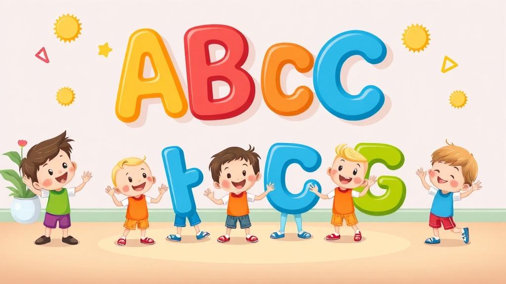 A colorful ABC learning scene with animated letters dancing around happy toddlers in bright primary colors