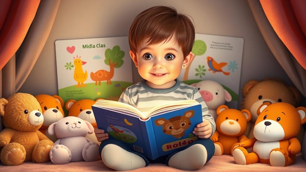 A 3 year old toddler sitting in a cozy reading nook with oversized colorful picture books and cute stuffed animals around in warm soft lighting