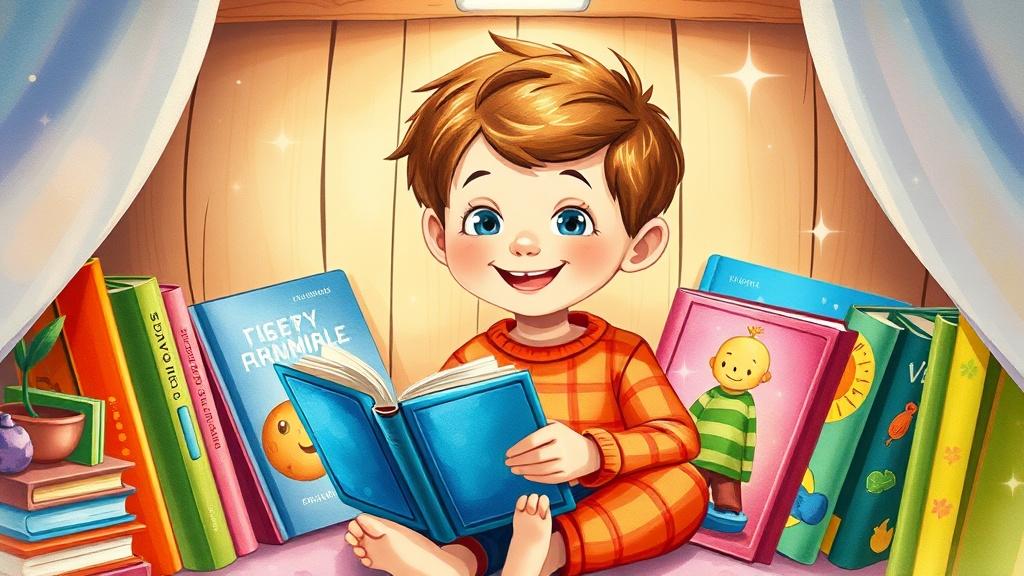 A cheerful 4-year-old child sitting in a cozy reading nook surrounded by colorful picture books with bright watercolor illustrations