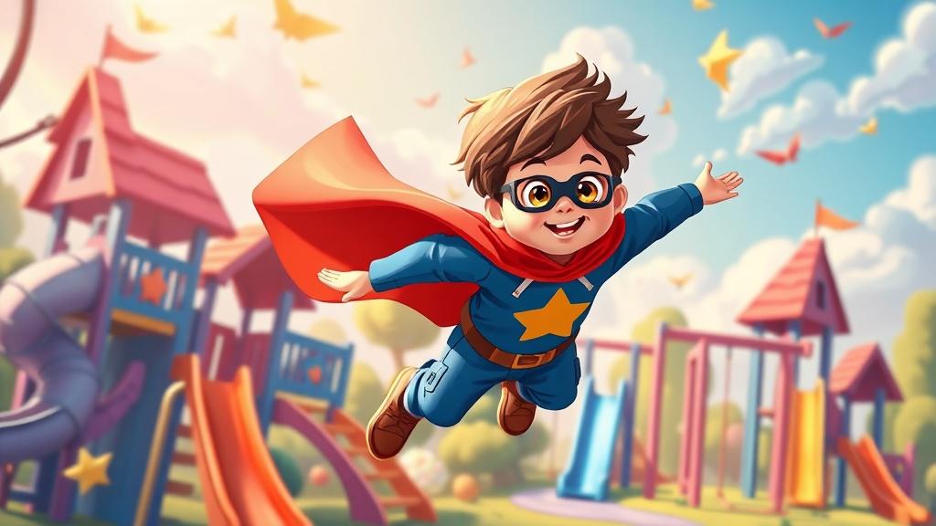 A preschool superhero child wearing a homemade cape flying over a magical playground