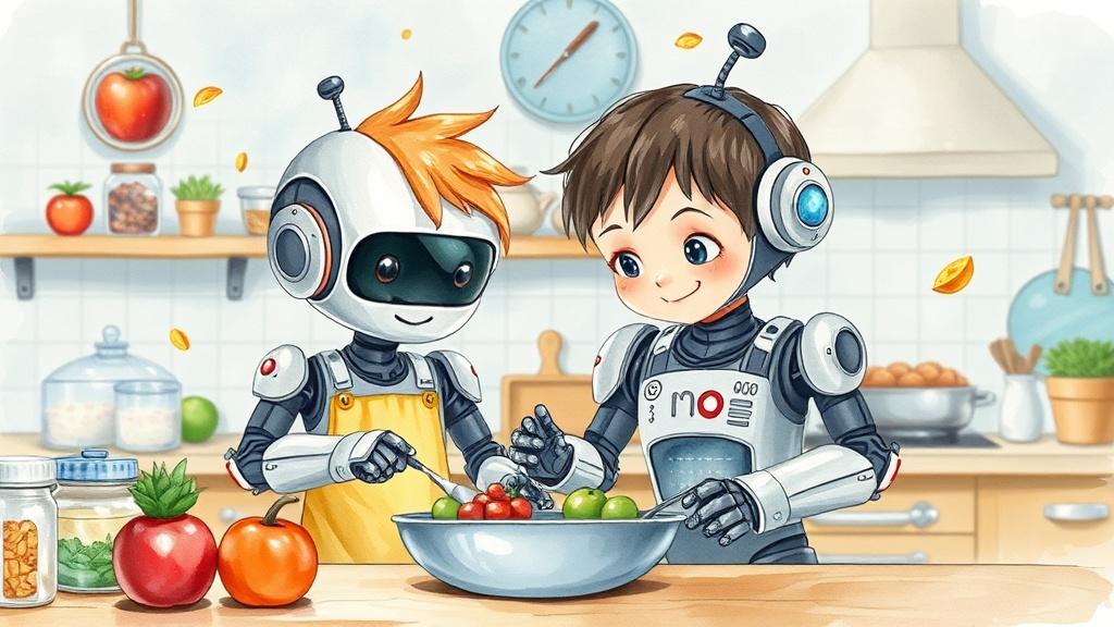 A 4-year-old child and a friendly robot cooking together in a whimsical kitchen