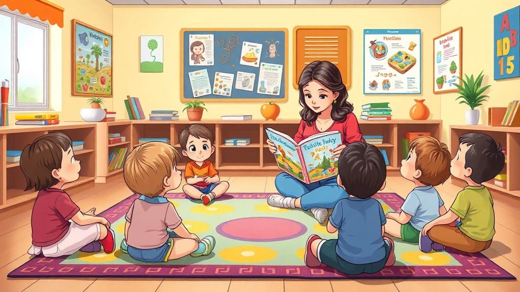 Teacher reading an AI-created illustrated storybook to engaged students sitting on a colorful classroom rug