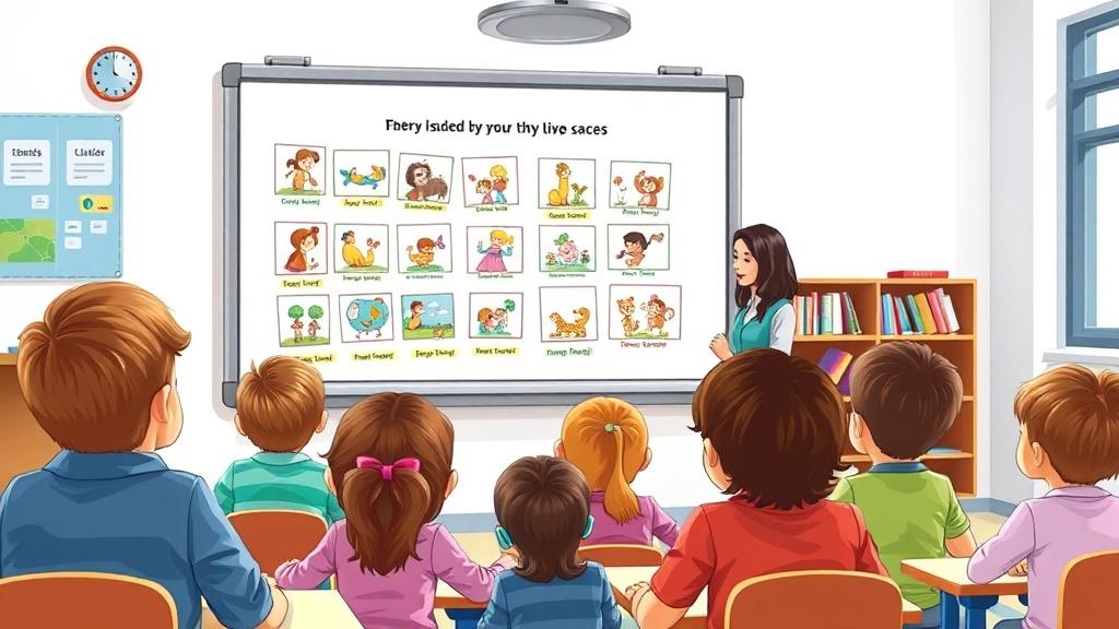 Teacher showing illustrated story pages on smartboard to an engaged classroom of children