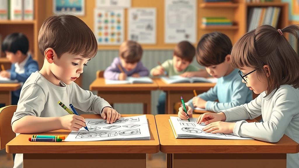 Children working on illustrated story projects with crayons and printed storybook pages at desks