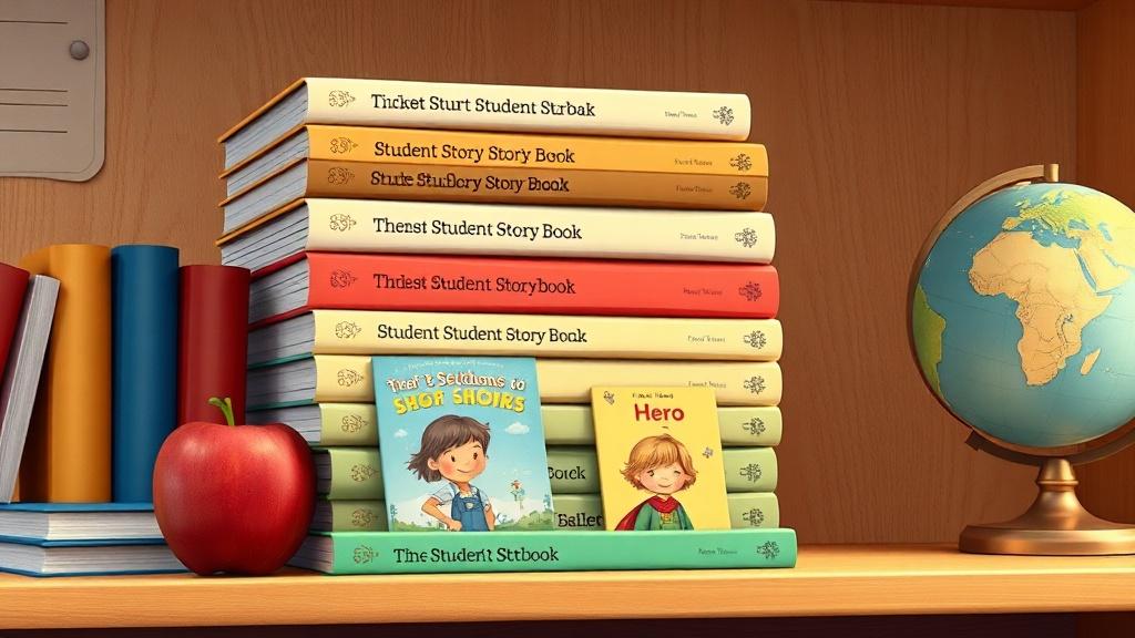 Personalized student storybooks on classroom shelf next to apple and globe
