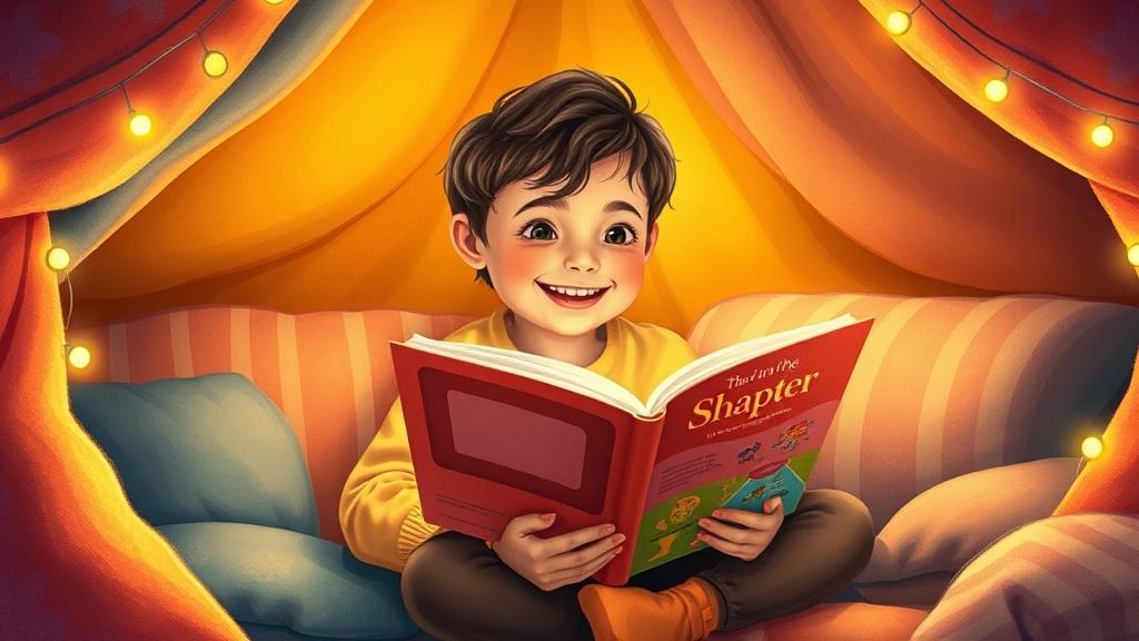 A happy 6-year-old child reading a colorful chapter book in a cozy blanket fort with fairy lights