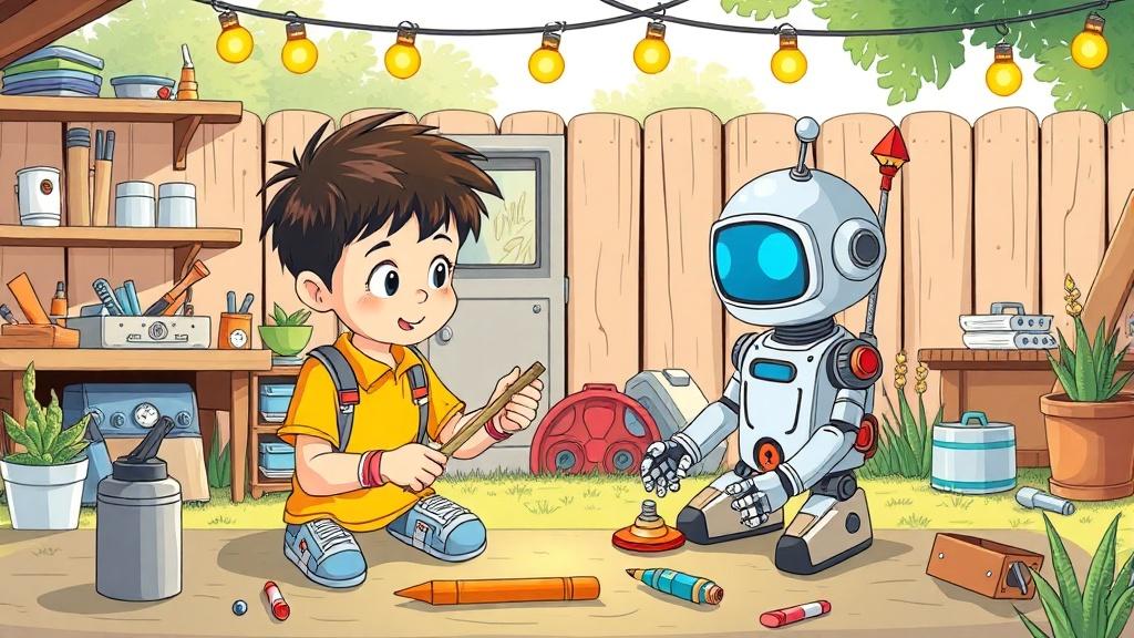 A 6-year-old child and a friendly robot building a rocket ship in a backyard workshop