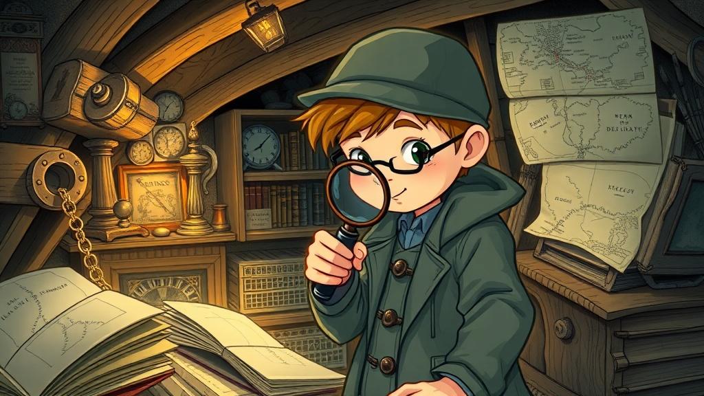 A 7-year-old child as a detective examining clues with a magnifying glass in a cozy attic full of mysterious objects