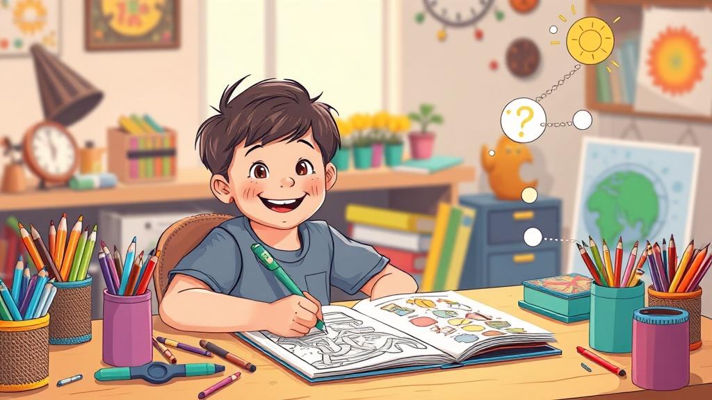 A happy 7-year-old child writing and illustrating their own adventure story at a creative desk