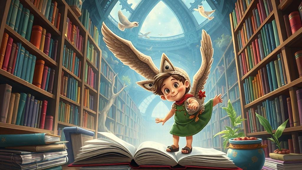 A 7-year-old child and a wise owl navigating through an enchanted library where books open into living worlds