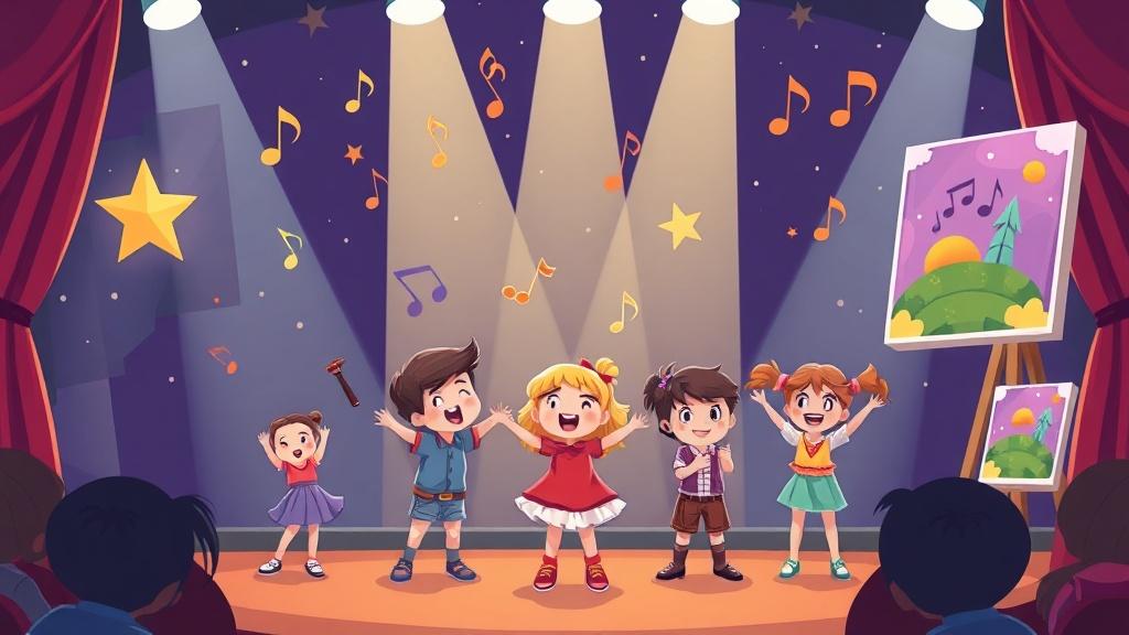 A group of 7-year-old children performing in a magical talent show where their acts come to life