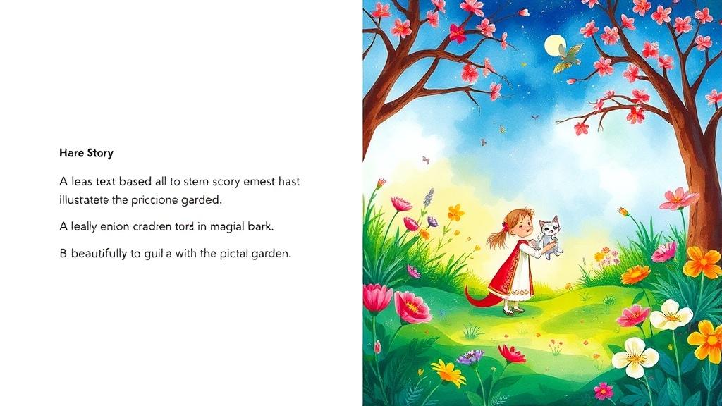 Split-screen comparison of a text-based story creator versus a fully illustrated children's picture book